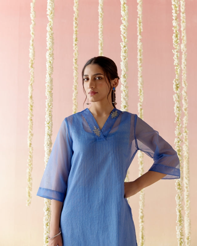 Sapphire Blue Kurta with Tissue Slip & Flared Pants - Set