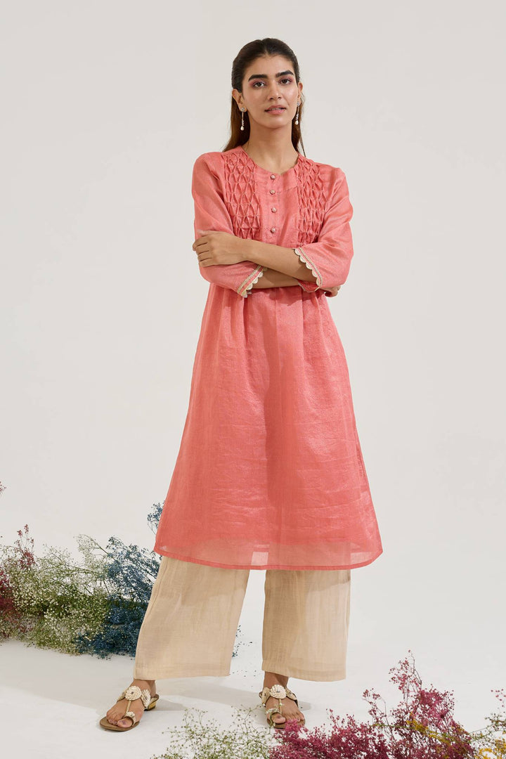 Red Gold Chanderi Stripe Kurta with Wide Leg Pants - Set of 2