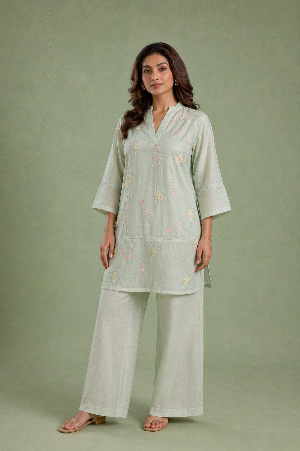 Mint Bloom Embroidered Mul Chanderi Co-ord Set