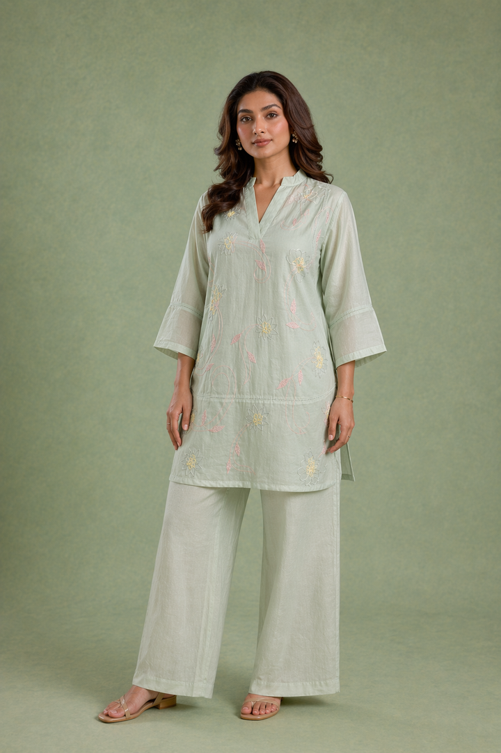Mint Bloom Embroidered Mul Chanderi Co-ord Set
