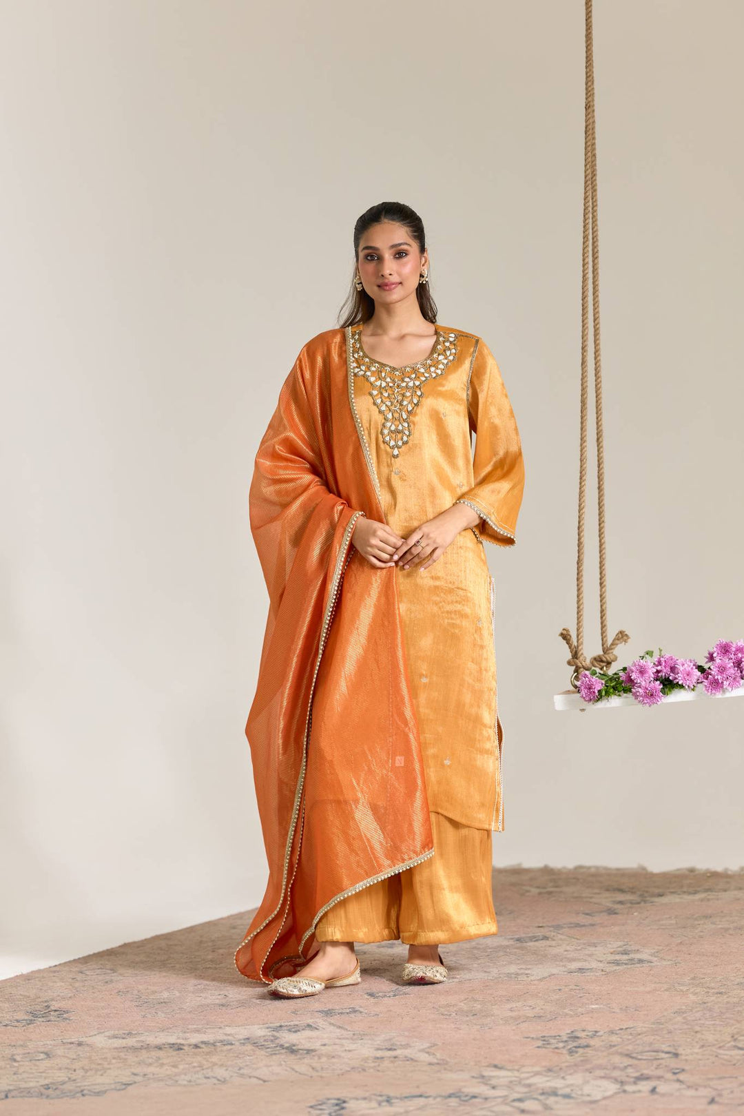 Rust Pearl Organza Chanderi Stripe Dupatta