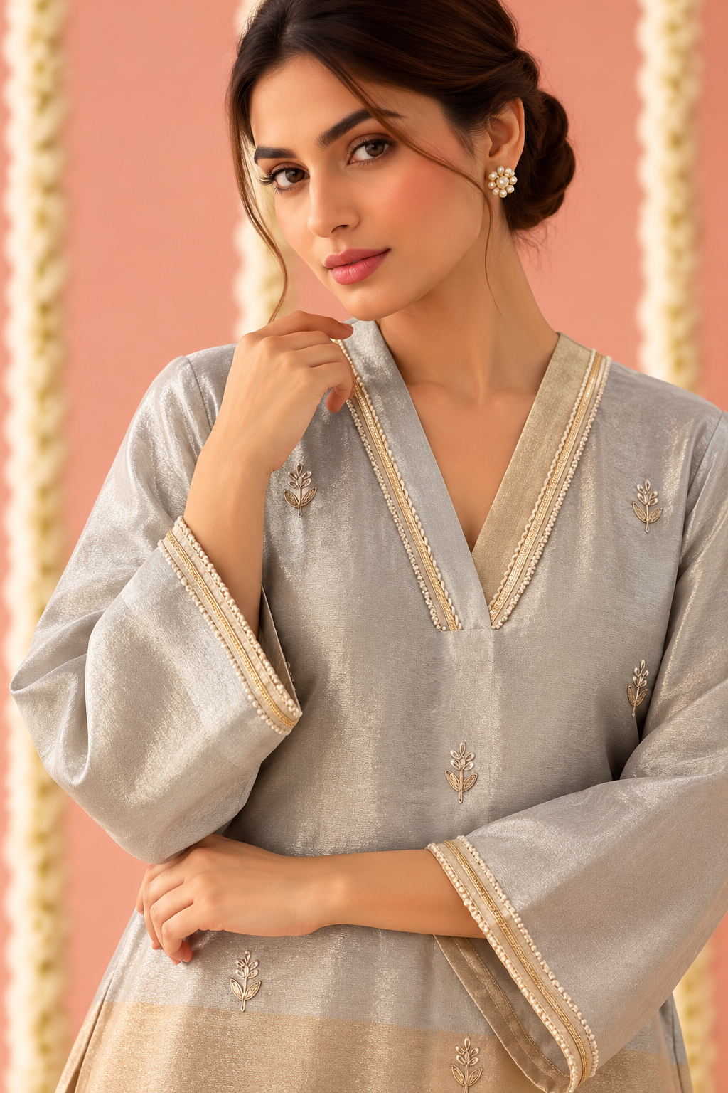 White Gold Blooming Tissue Kurta Set - Set of 2
