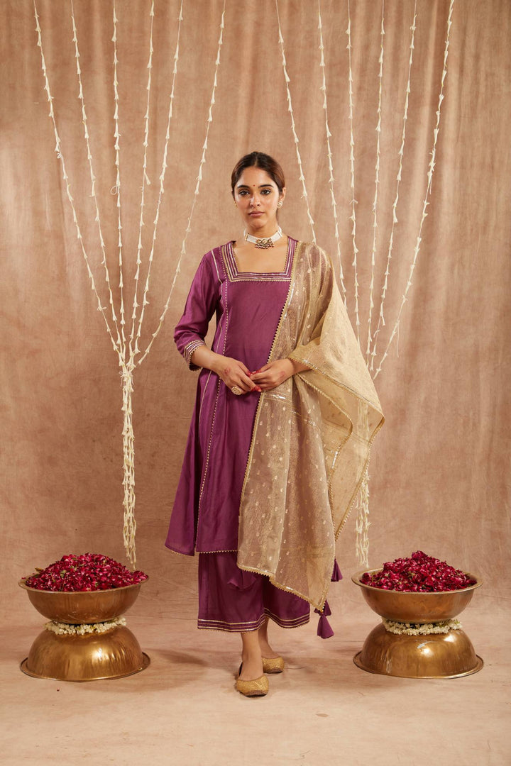 Iris Purple Gota Kurta with Narrow Pants and Dupatta - Set of 3