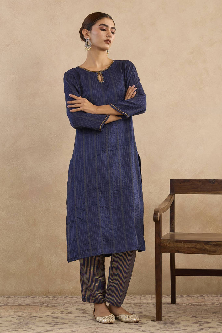 Navy Rose Charm Silk Chanderi Kurta with Narrow Pants - Set of 2