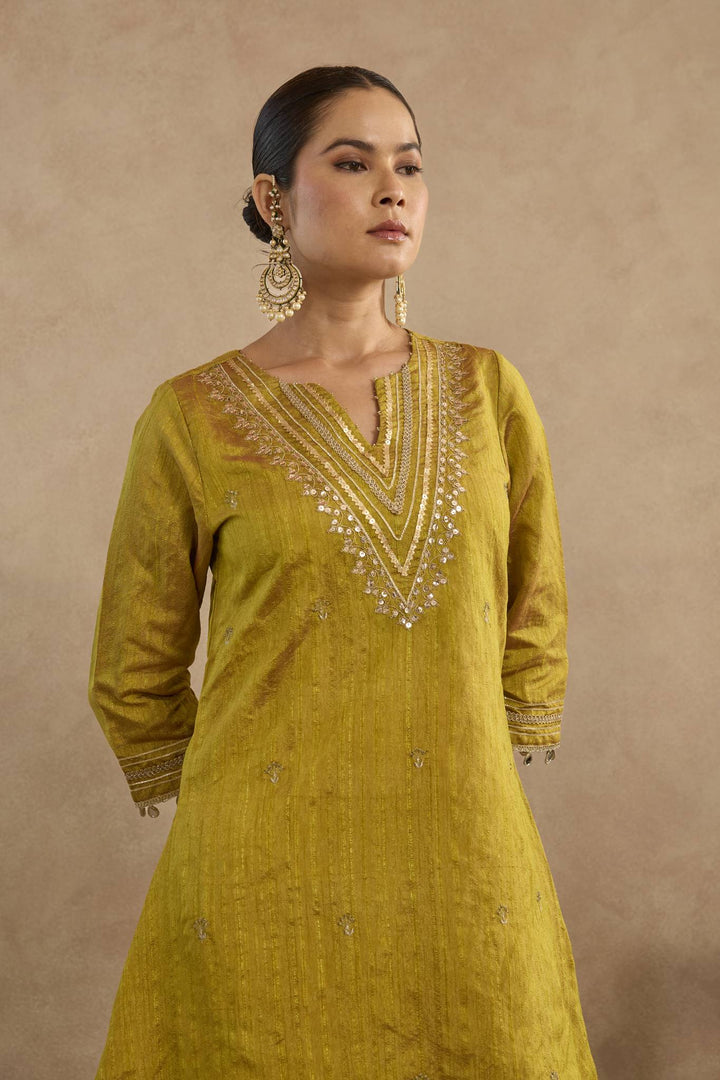 Warm Green Embroidered Kurta with Flared Pants - Set of 2