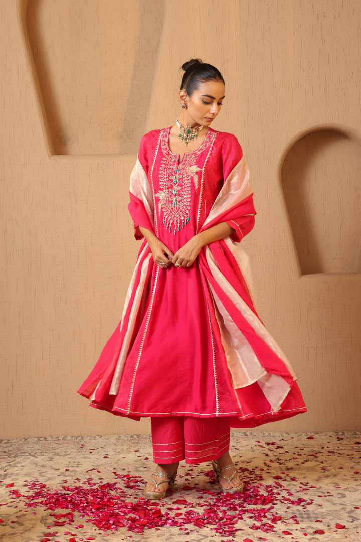 Rosy Fuchsia Anarkali with Flared Pants and Dupatta - Set of 3