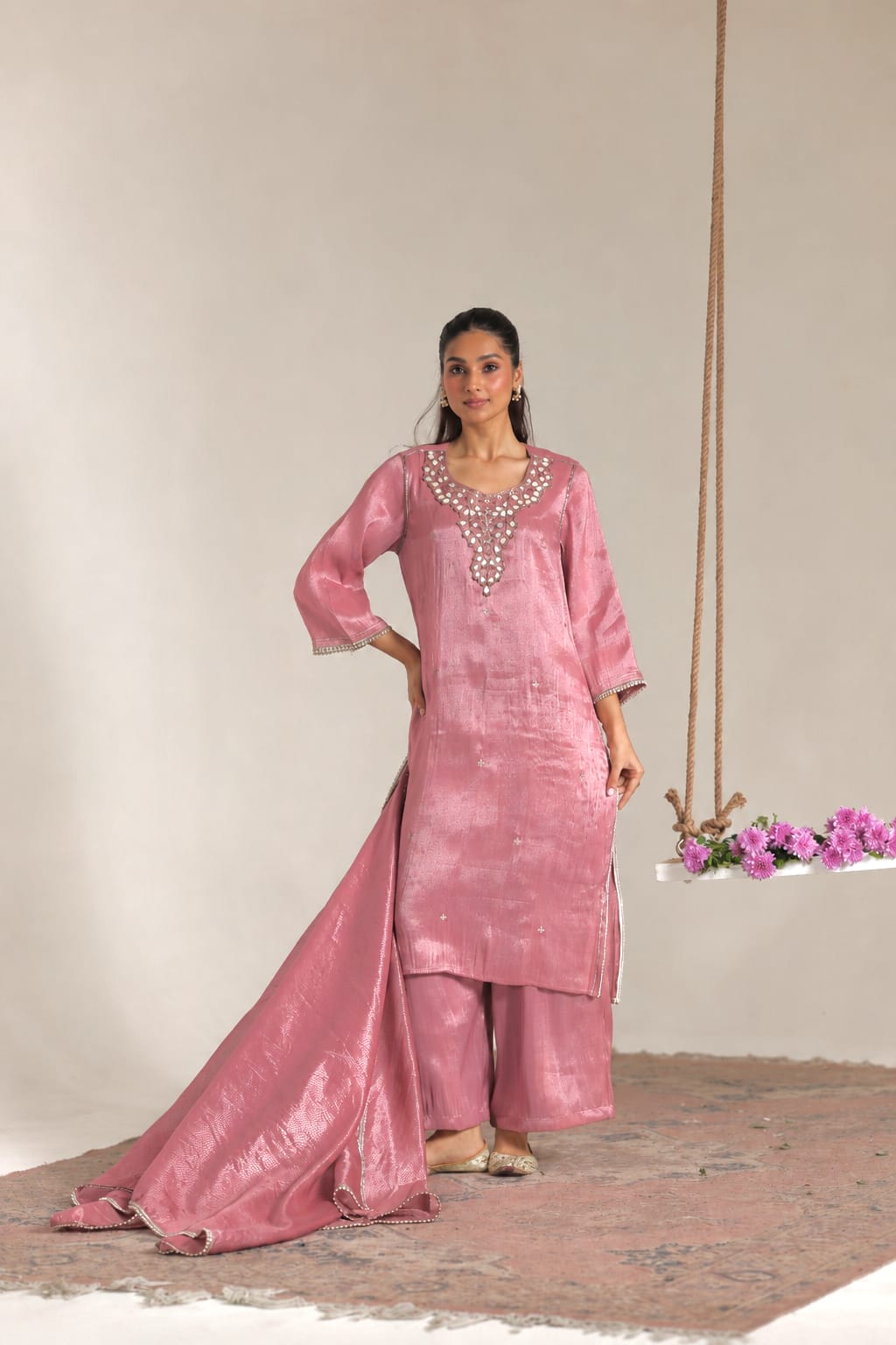 Pink Pearl Zari Embroidered Tissue Kurta Set with Stripe Dupatta - Set of 3