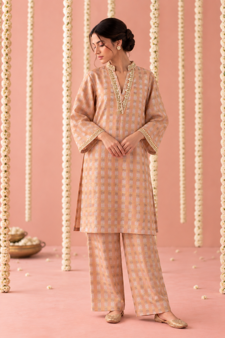 Peach Rose Charm Check Tissue Co-ord Set - Set of 2