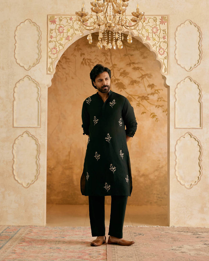 Royal Black Embroidered Silk Kurta with Narrow Pants - Set of 2