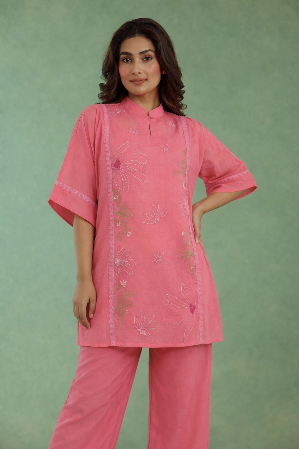 Pink Charm Embroidered Mul Chanderi Co-ord Set