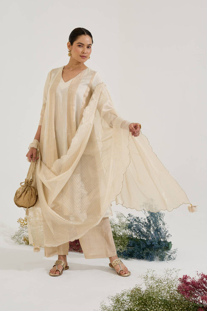 Gold Rose Panel Anarkali with Wide Leg Pants and Dupatta - Set of 3