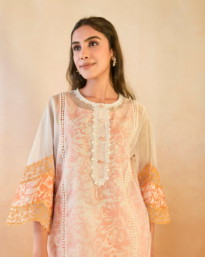 Orange Floral Embroidered Kurta