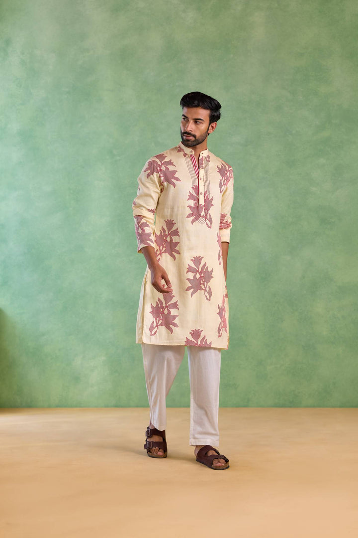 Ivory Red Floral Stripe Kurta