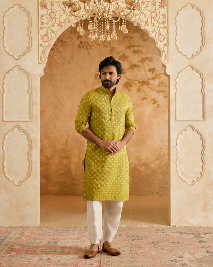 Olive Dori Brocade Kurta with Narrow Pants - Set of 2