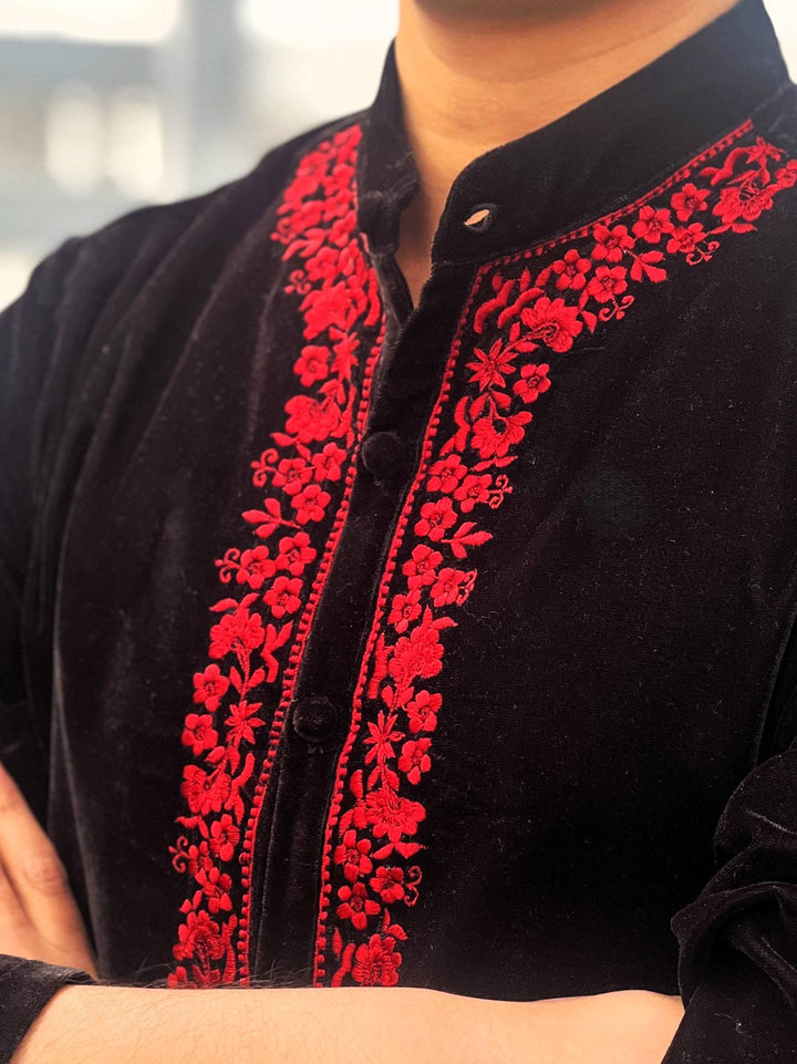 Black Bloom Embroidered Velvet Kurta with Narrow Pants - Set of 2