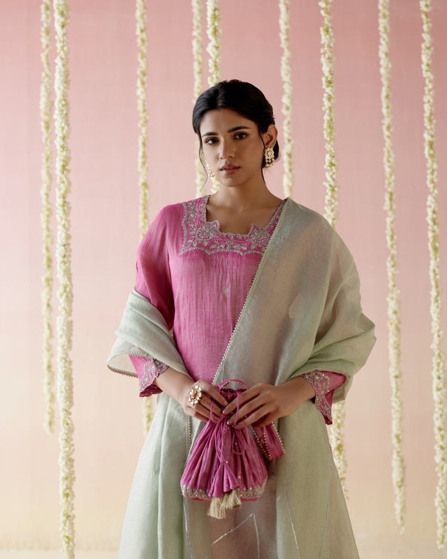 Peony Pink Tissue Kurta with Narrow Pants & Dupatta - Set of 3