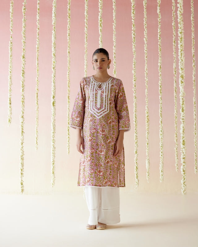 Mulberry Pink Floral Chintz Kurta with Wide Leg Pants - Set of 2