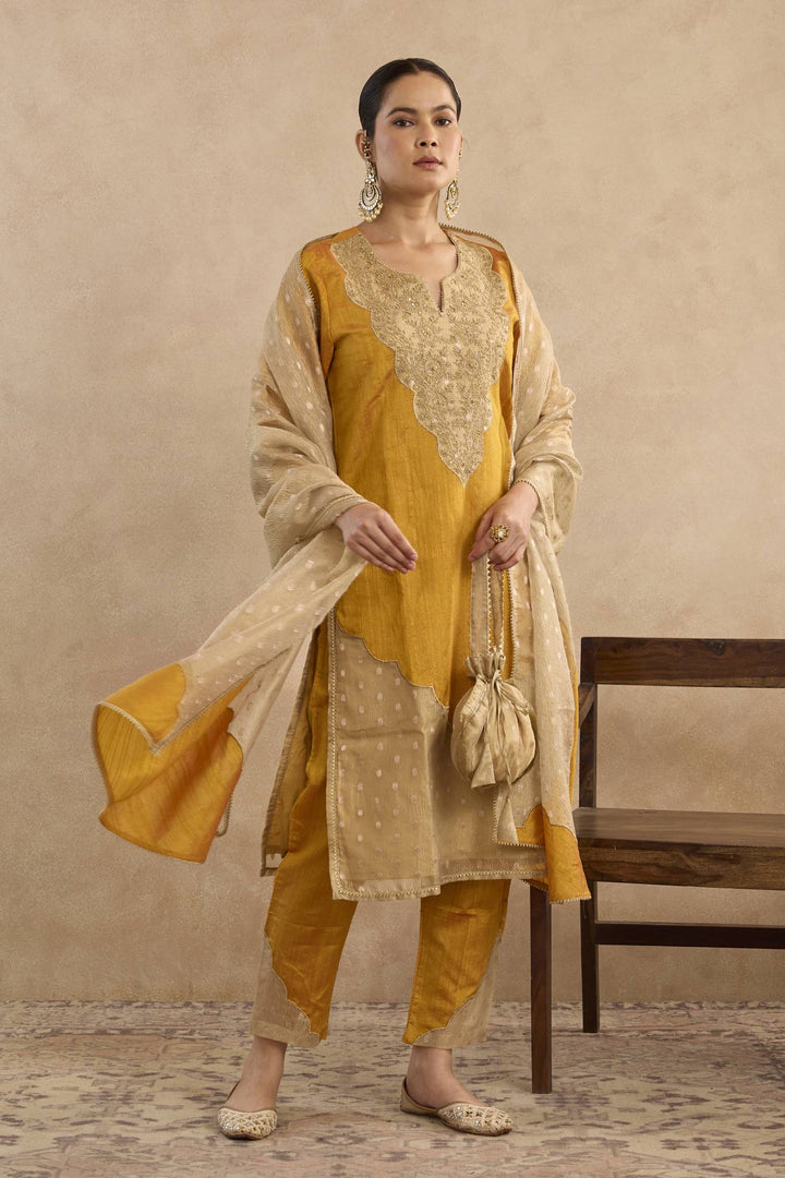 Mustard Dori Yoke Kurta with Narrow Pants and Embroidered Dupatta - Set of 3