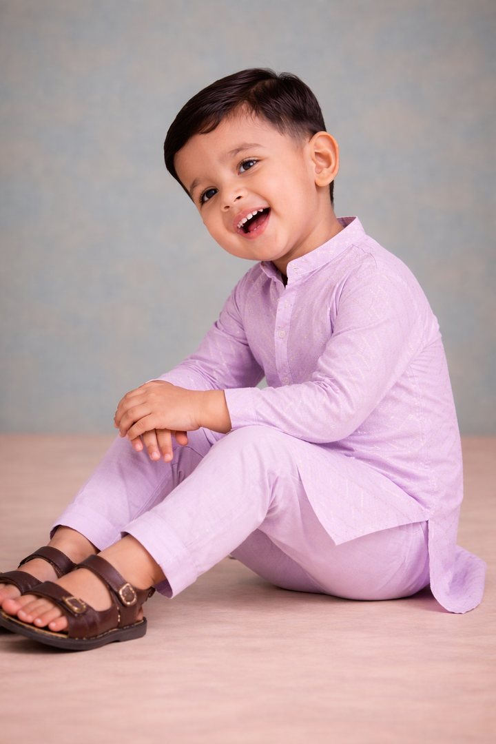 Boys Lilac Gold Chevron Brocade Embroidered Kurta Set