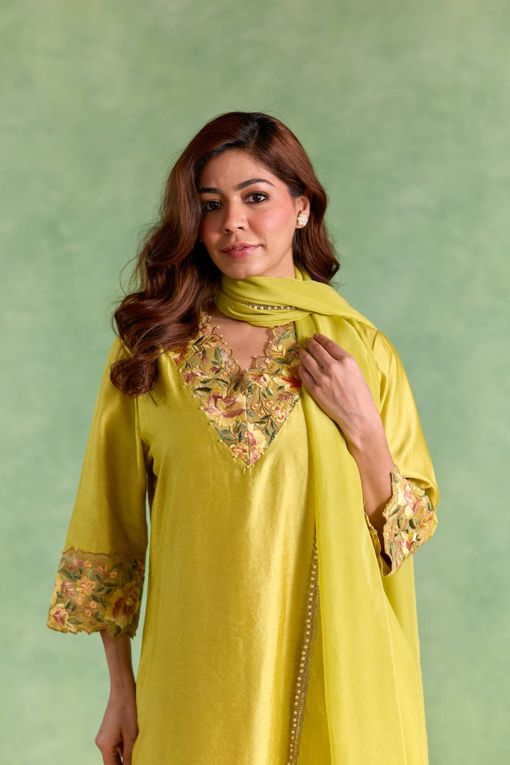 Lime Rose Embroidered Chanderi Kurta with Flared Pants and Dupatta - Set of 3