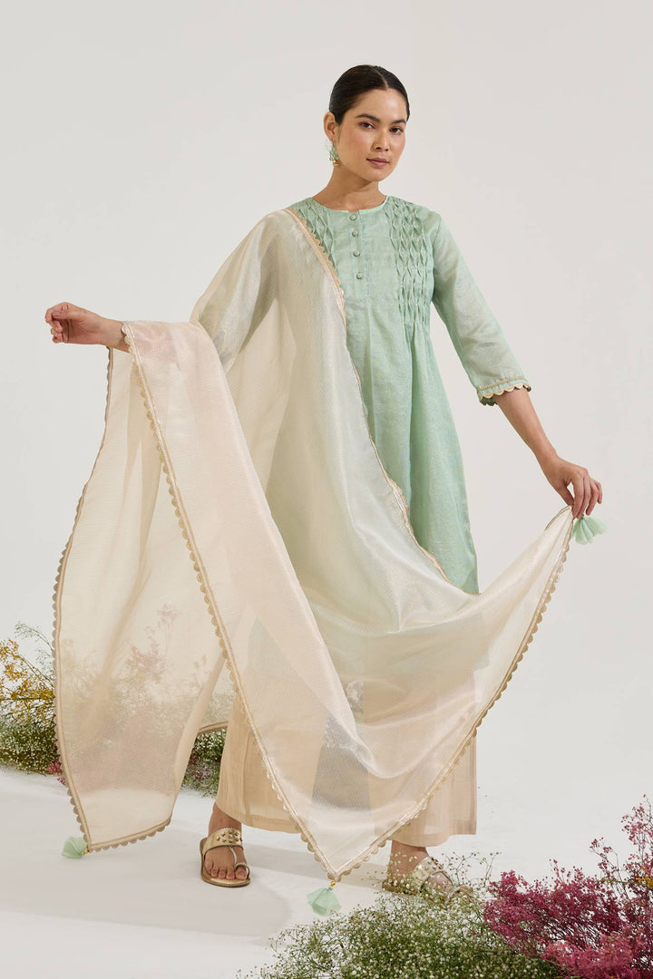 Mint Gold Chanderi Stripe Kurta with Wide Leg Pants and Dupatta - Set of 3