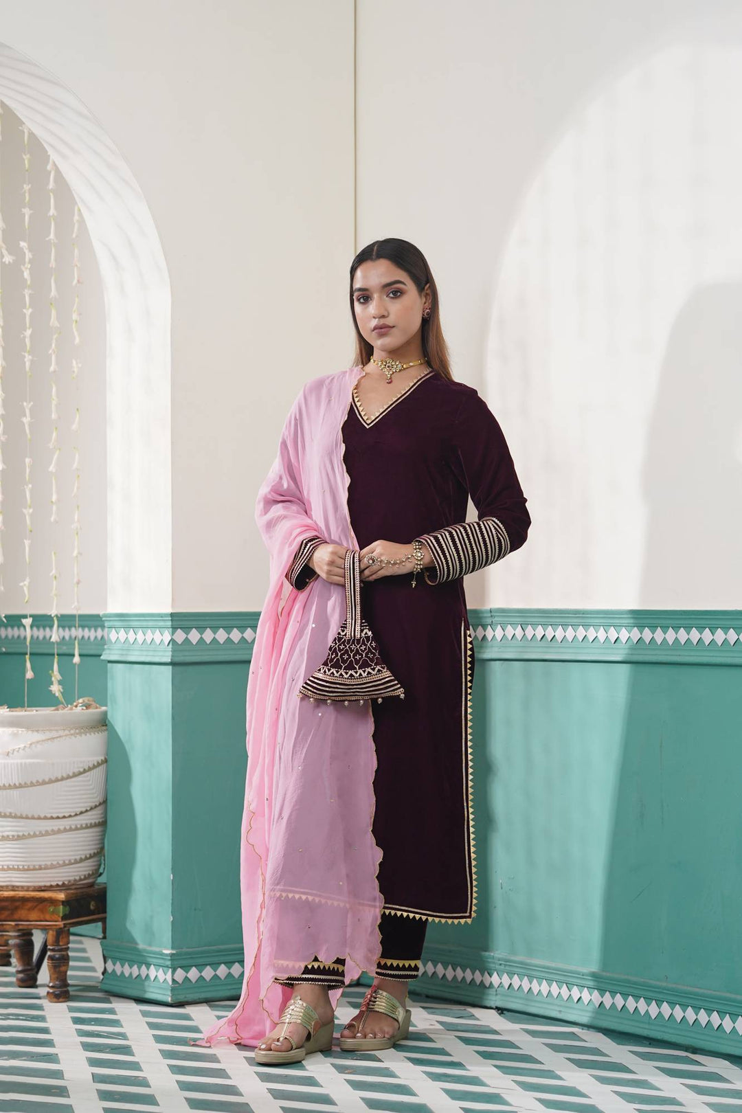 Wine Velvet Kurta Set