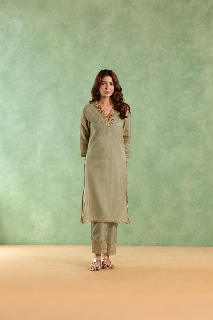 Sage Mirror Embroidered Chanderi Stripe Kurta Set - Set of 2