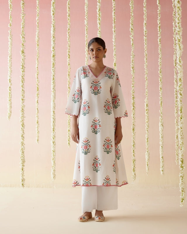 Tulip Pink Floral Buta Kurta with Wide Leg Pants- Set of 2