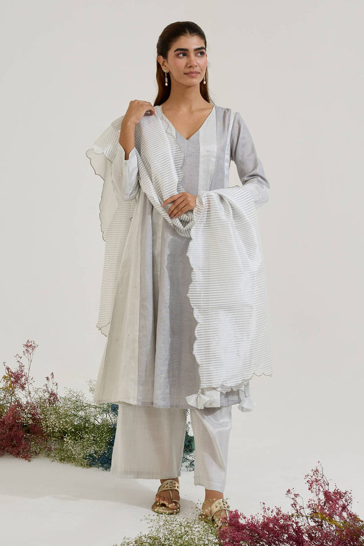 Silver Rose Panel Anarkali with Wide Leg Pants and Dupatta - Set of 3