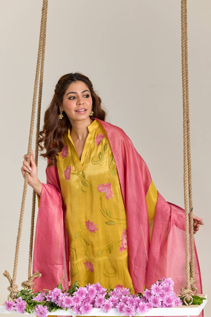 Fuschia Yellow Applique Embroidered Tissue Kurta Set with Panel Dupatta - Set of 3