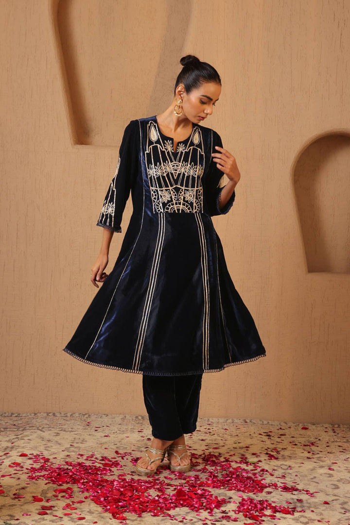 Navy Gota Velvet Anarkali with Narrow Pants- Set of 2