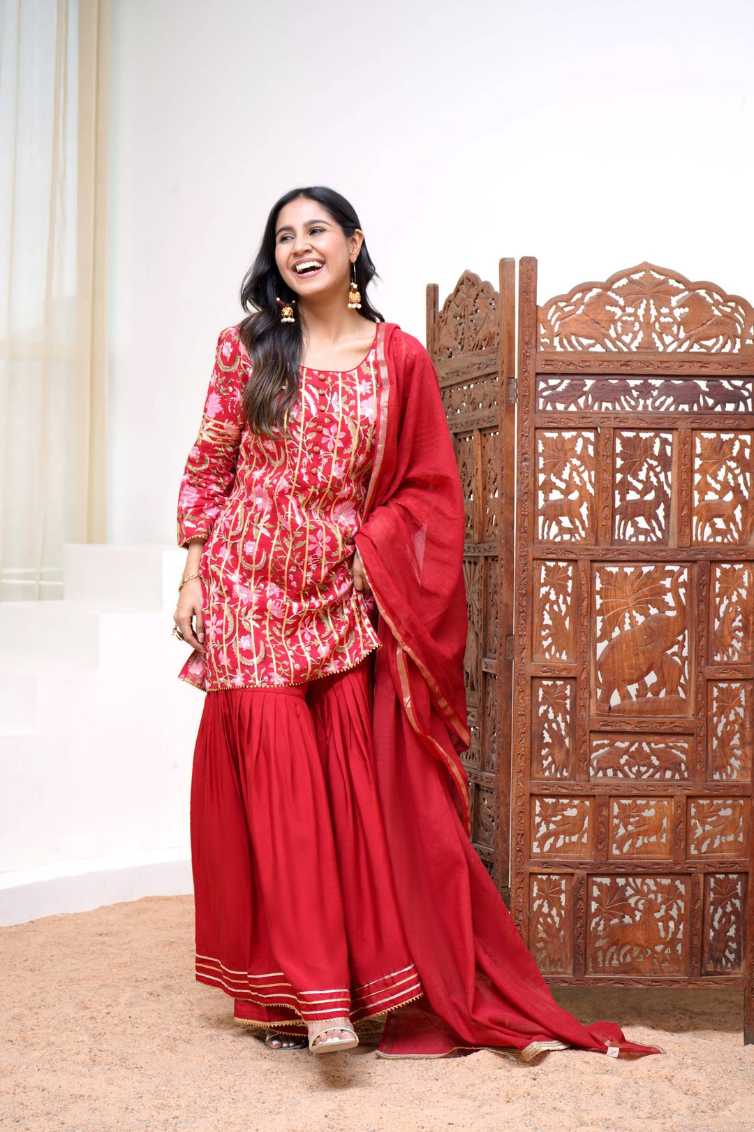 Jaypore Women Red Cotton Round Neck Kurta With Sharara by Jaypore