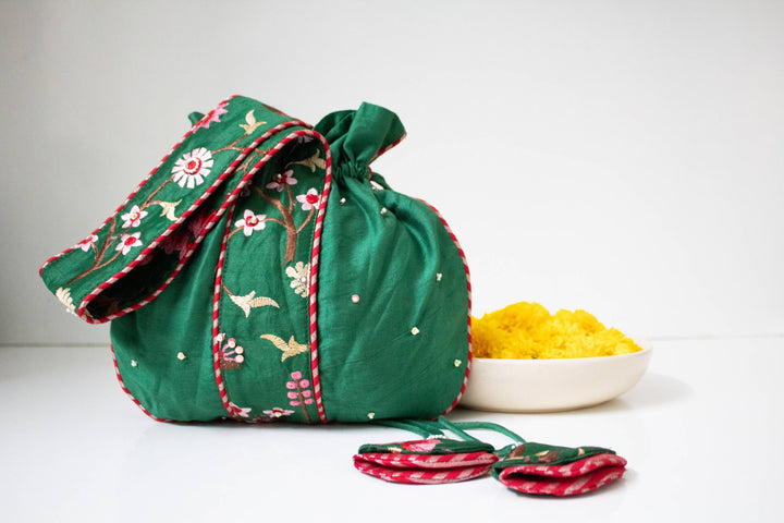 Emerald Lily Embroidered Potli