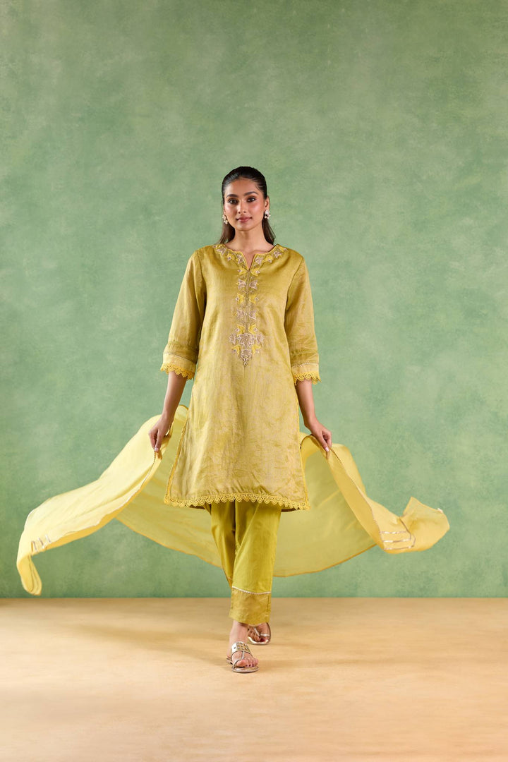 Moss Yellow Applique Kurta with Narrow Pants and Dupatta - Set of 3