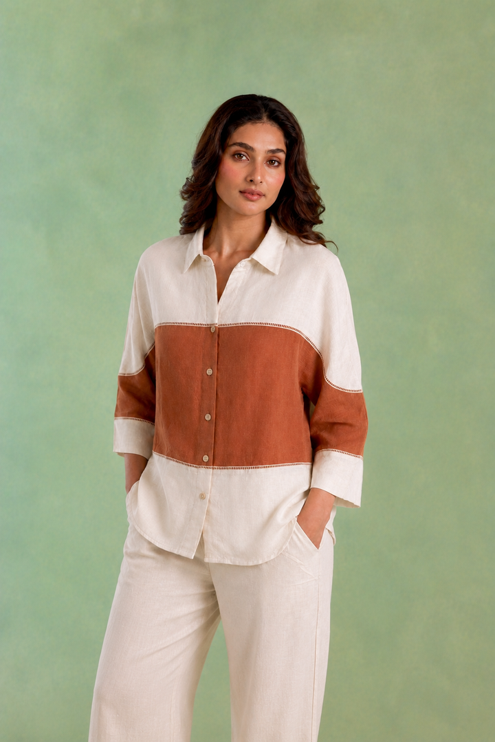 Ivory Brown Panel Handloom Cotton Top