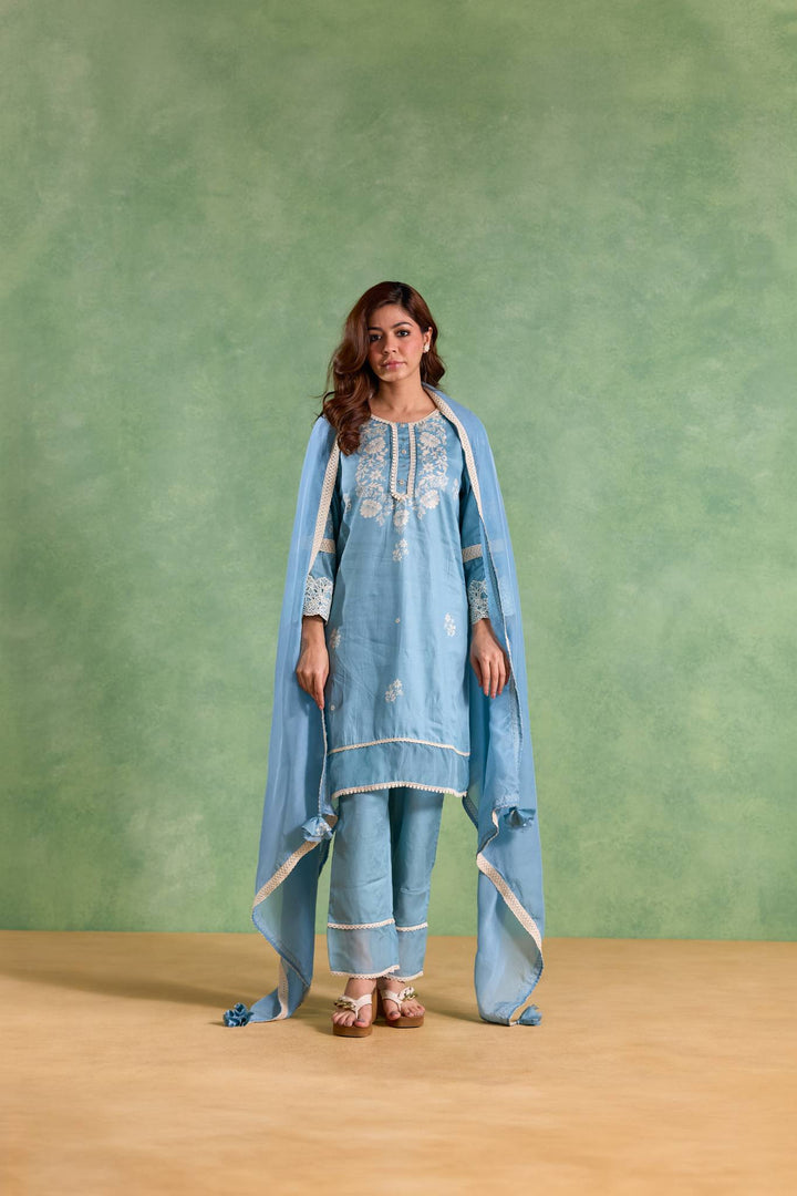 Blue Lotus Kurta with Narrow Pants and Dupatta - Set of 3