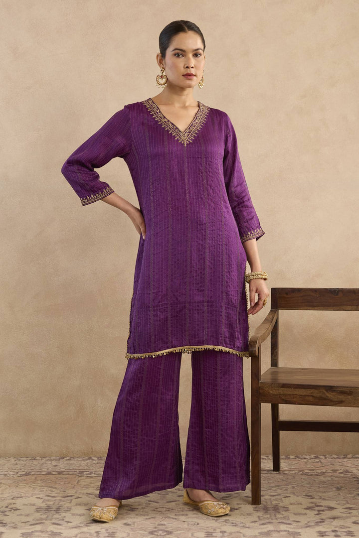 Royal Purple Dori Silk Chanderi Kurta with Flared Pants - Set of 2