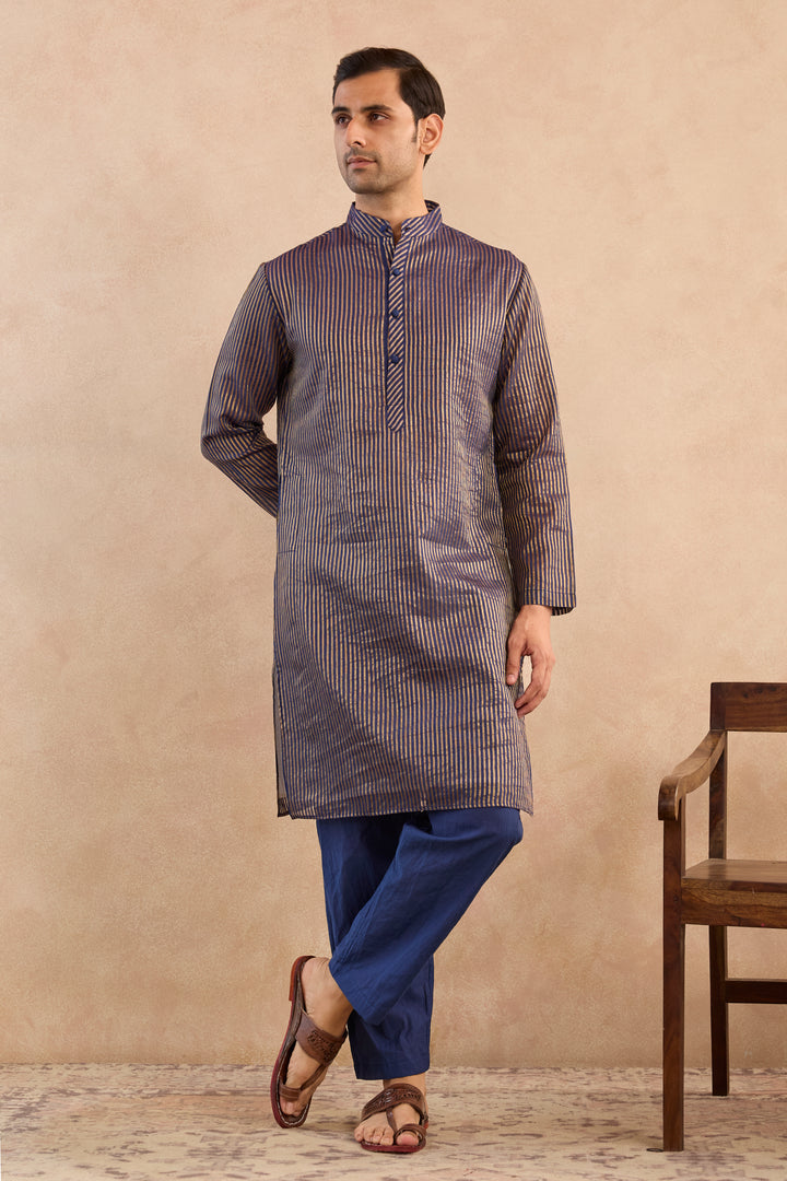 Starry Blue Chanderi Stripe Kurta with Narrow Pants - Set of 2