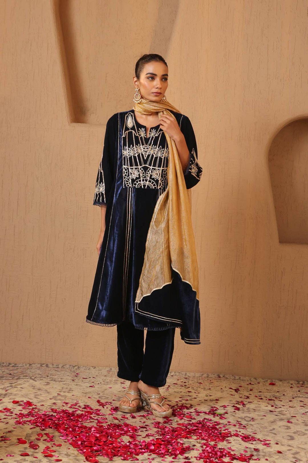 Navy Gota Velvet Anarkali with Narrow Pants and Scallop Dupatta - Set of 3