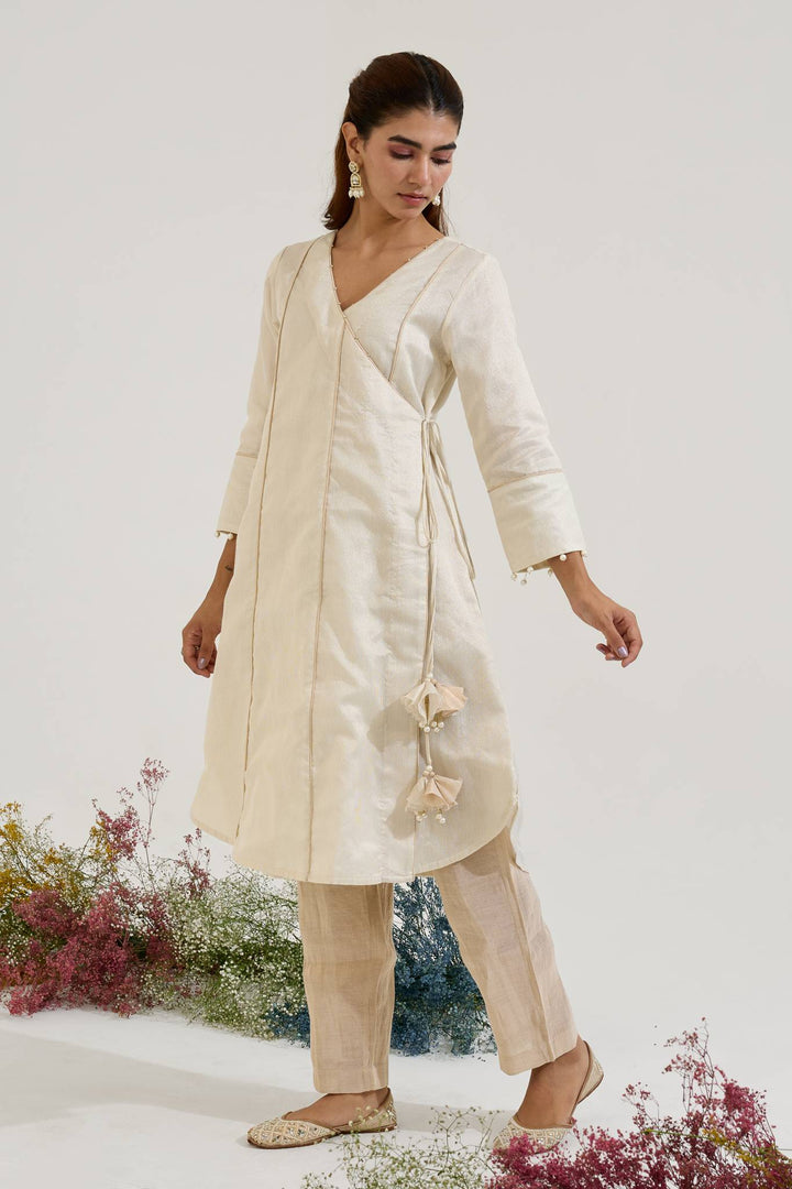 Pearl White Chanderi Stripe Angrakha with Narrow Pants - Set of 2
