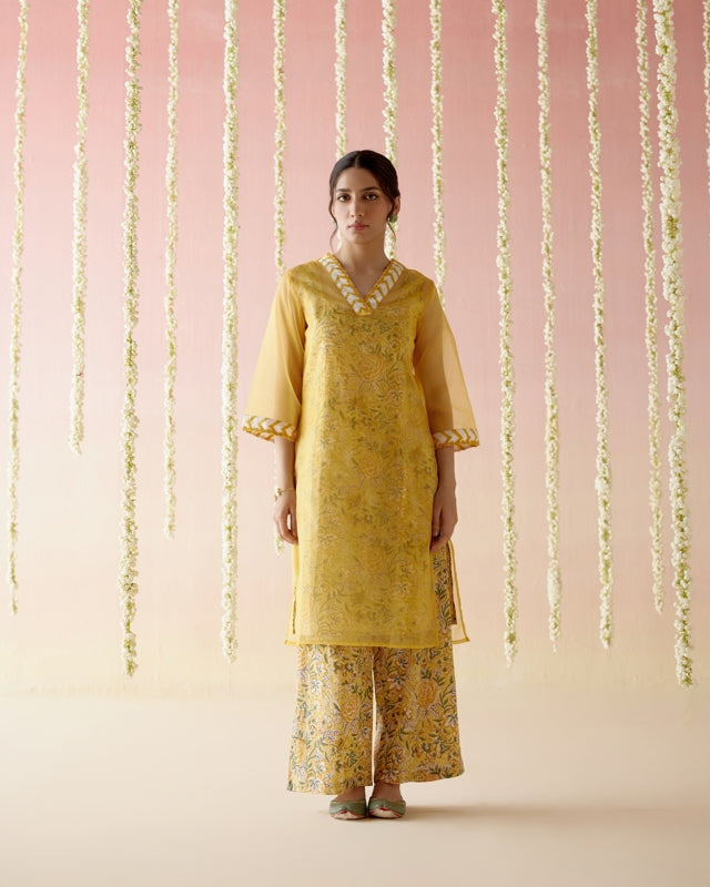 Petal Yellow Long Kurta with Flared Pants- Set of 2