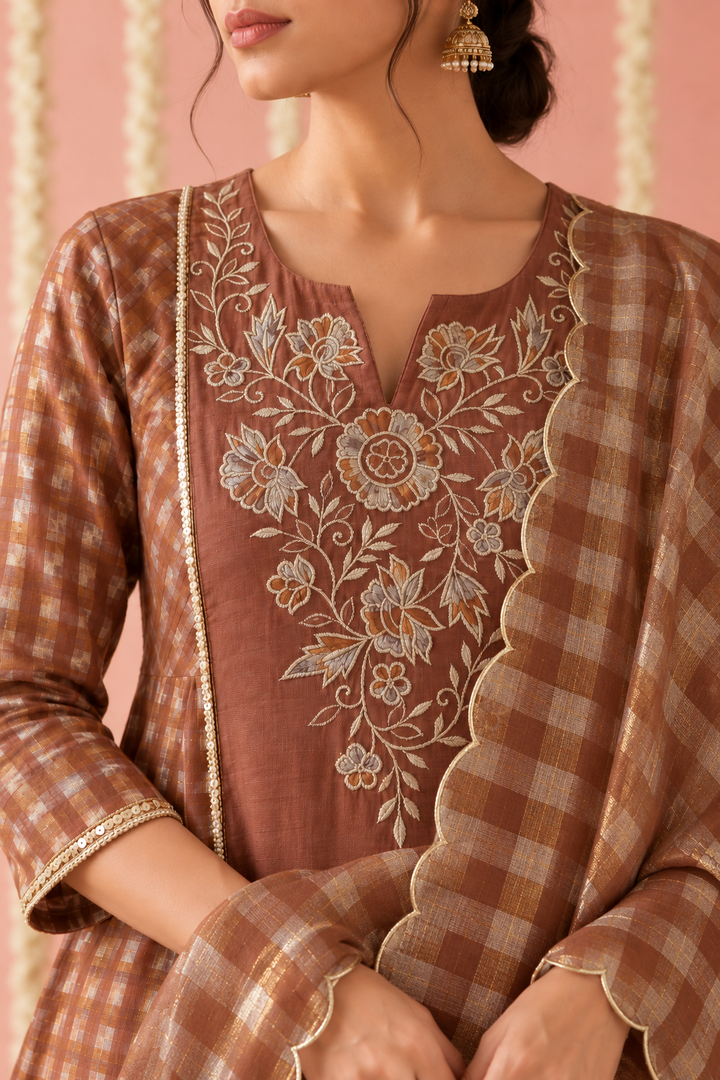 Brown Zari Embroidered Check Tissue Kurta Set with Dupatta - Set of 3