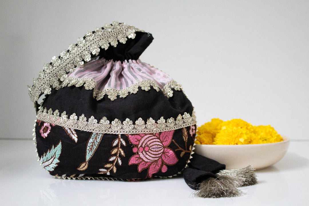 Black Orchid Embroidered Potli