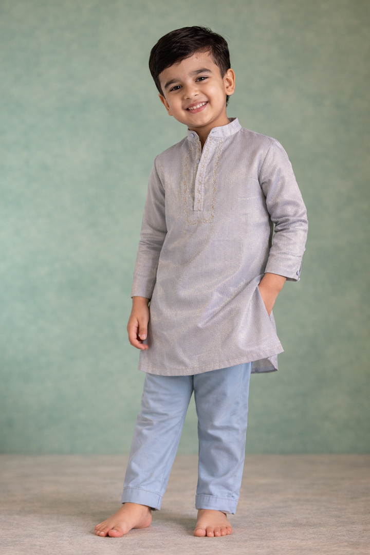 Boys Blue Gold Stripe Embroidered Kurta Set