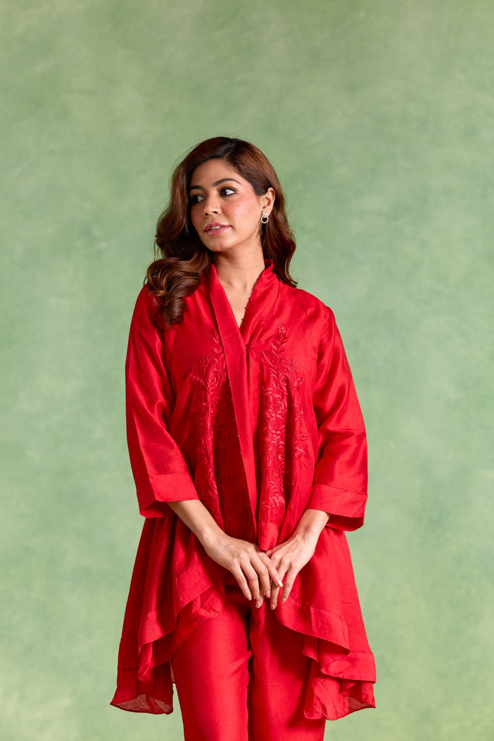 Rosy Charm Embroidered Chanderi Kurta with Straight Pants and Slip - Set of 3