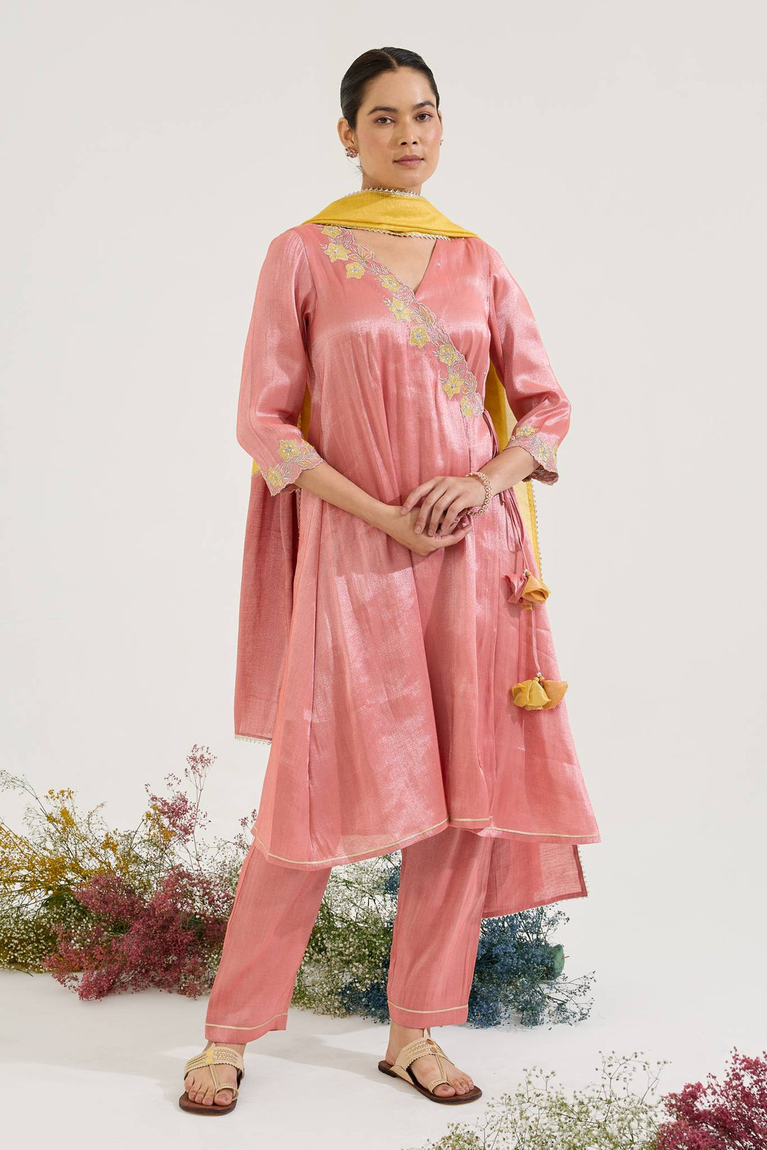 Carrot Floral Zari Tissue Angrakha with Narrow Pants and Dupatta - Set of 3
