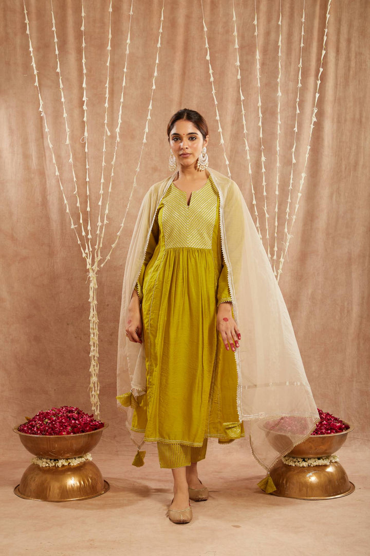 Olive Diagonal Yoke Kurta with Narrow Pants and Dupatta - Set of 3