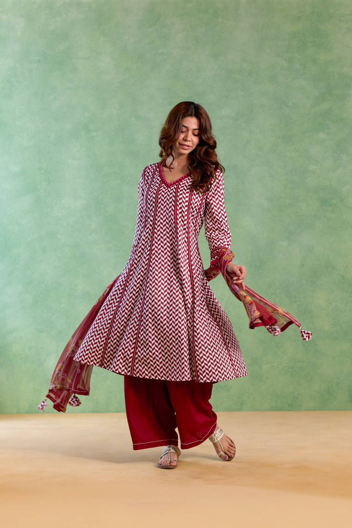 Maroon Beaded Chevron Anarkali with Flared Pants and Dupatta - Set of 3
