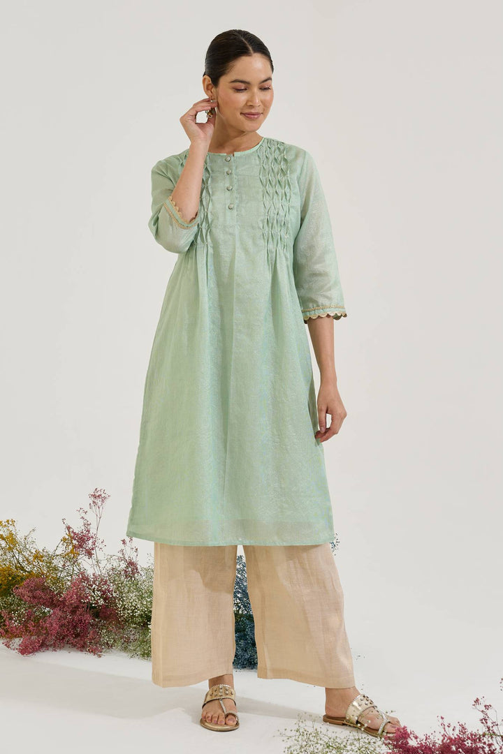 Mint Gold Chanderi Stripe Kurta with Wide Leg Pants - Set of 2