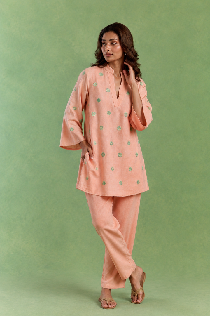 Peach Flora Embroidered Handloom Cotton Top